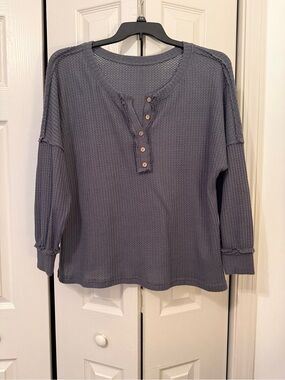 SHEIN Curve-  Waffle Knit Henley Long Sleeve Drop Shoulder Top — Slate Gray